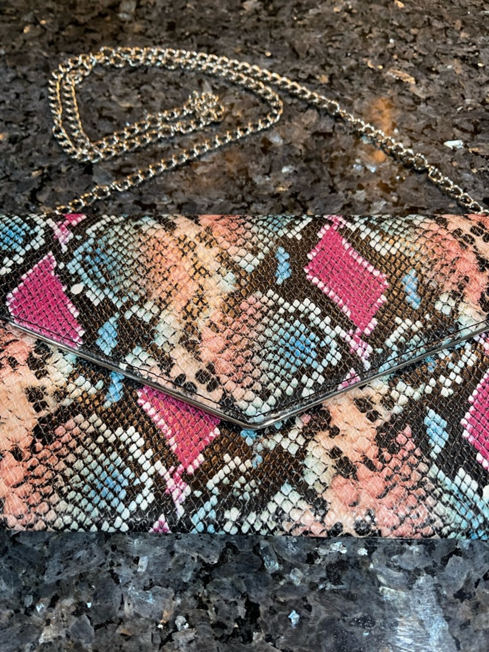 Pink & Blue Multi Snake-Embossed Envelope Clutch Crossbody w/ Silver Chain